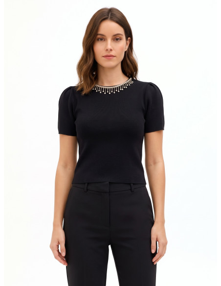 Top estruturado canelado fino em mistura de viscose com franjas de strass Rinascimento