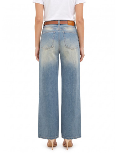 Jeans Wide Leg com Efeito Desgastado e Lavagem Clara Rinascimento
