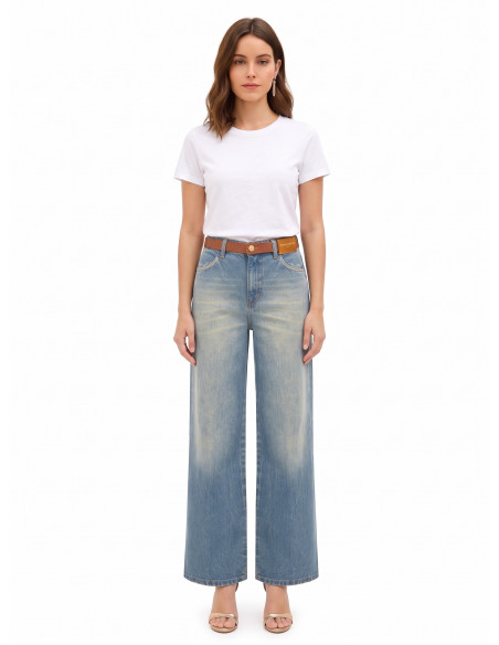 Jeans Wide Leg com Efeito Desgastado e Lavagem Clara Rinascimento