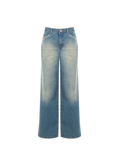 Jeans Wide Leg com Efeito Desgastado e Lavagem Clara Rinascimento