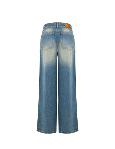 Jeans Wide Leg com Efeito Desgastado e Lavagem Clara Rinascimento