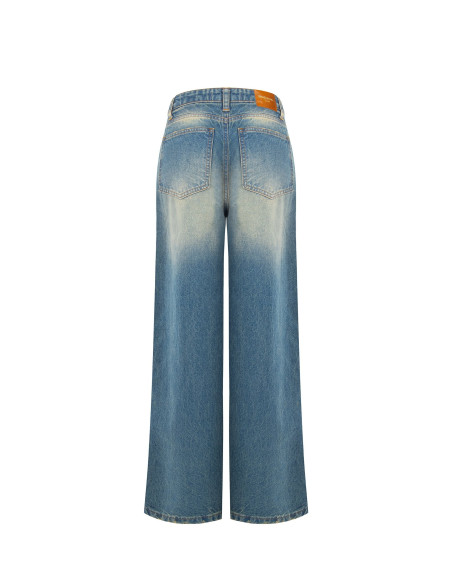 Jeans Wide Leg com Efeito Desgastado e Lavagem Clara Rinascimento
