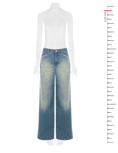 Jeans Wide Leg com Efeito Desgastado e Lavagem Clara Rinascimento
