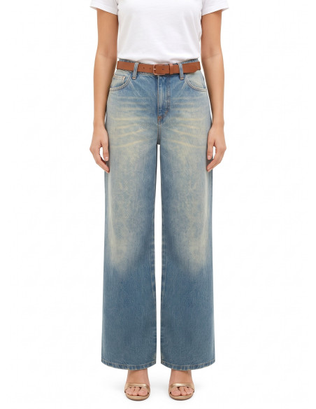 Jeans Wide Leg com Efeito Desgastado e Lavagem Clara Rinascimento