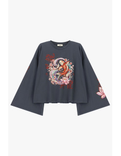 T-shirt de mangas largas com estampado de carpa e flores Dixie 2