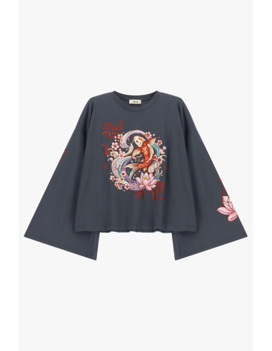 T-shirt de mangas largas com estampado de carpa e flores Dixie