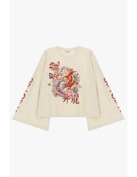T-shirt de mangas largas com estampado de carpa e flores Dixie