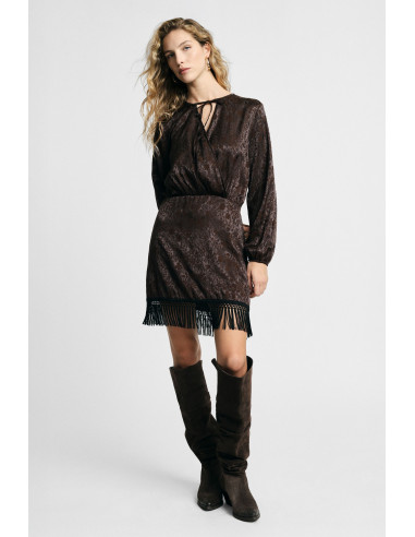 Vestido curto com mangas compridas e franjas Please