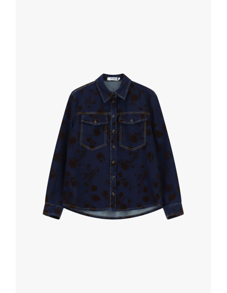Camisa de ganga com padrão floral e bolsos Please