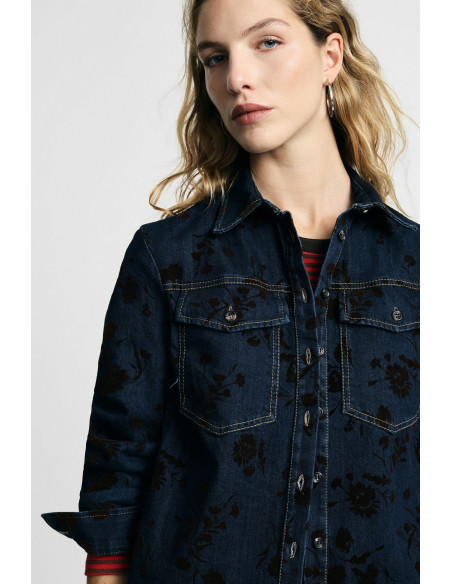 Camisa de ganga com padrão floral e bolsos Please