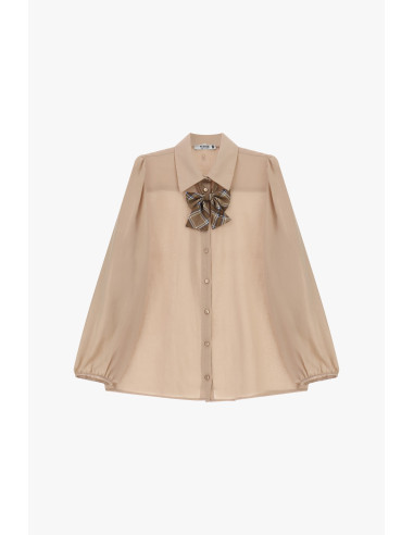 Camisa ampla com mangas balão e laço axadrezado Please