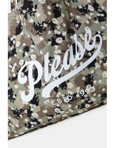 Saco de compras com padrão camuflado e estampado floral Please