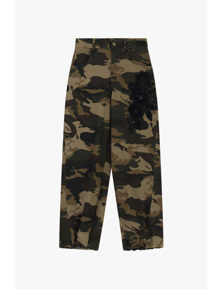 Calças Palazzo com Padrão Camuflado e Bordado Lateral Dixie