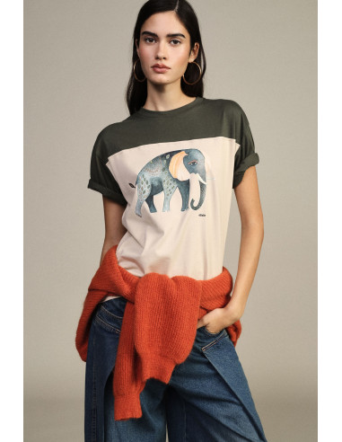 T-Shirt de Manga Curta com Estampado de Elefante e Painéis Contrastantes Dixie