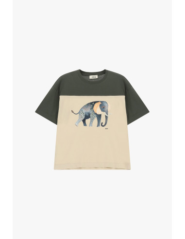 T-Shirt de Manga Curta com Estampado de Elefante e Painéis Contrastantes Dixie