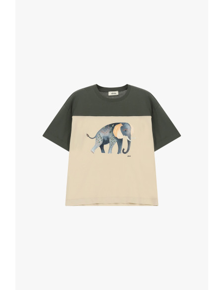 T-Shirt de Manga Curta com Estampado de Elefante e Painéis Contrastantes Dixie