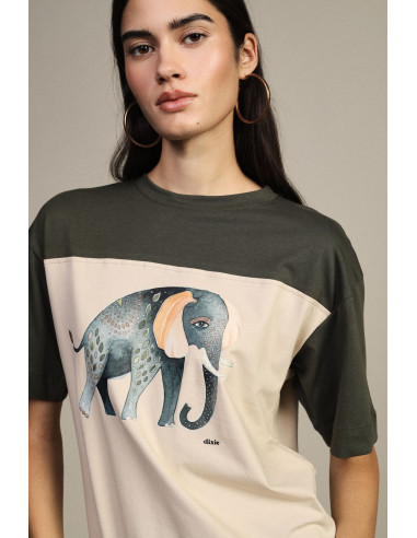 T-Shirt de Manga Curta com Estampado de Elefante e Painéis Contrastantes Dixie