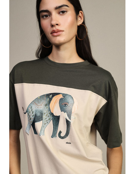 T-Shirt de Manga Curta com Estampado de Elefante e Painéis Contrastantes Dixie