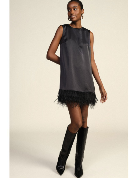 Vestido curto sem mangas com detalhe de penas Dixie