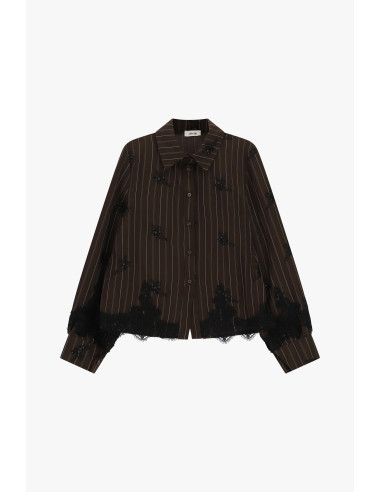Camisa às riscas com detalhes em renda e corte direito Dixie