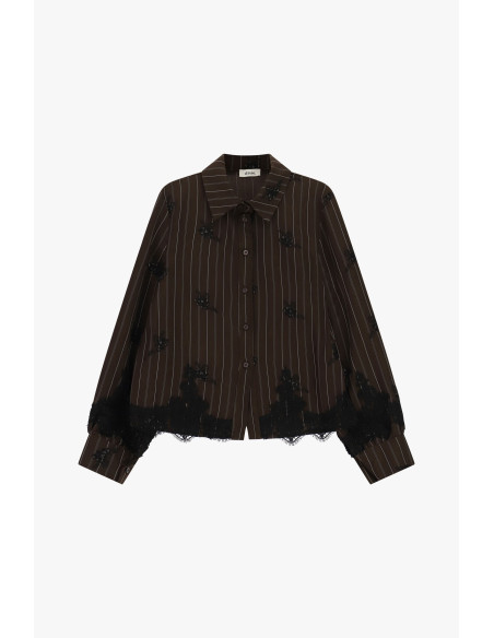 Camisa às riscas com detalhes em renda e corte direito Dixie