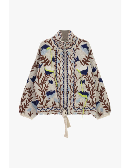Cardigan com fecho e motivo floral em jacquard Dixie