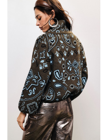 Cardigan com fecho de correr e padrão paisley em jacquard Dixie