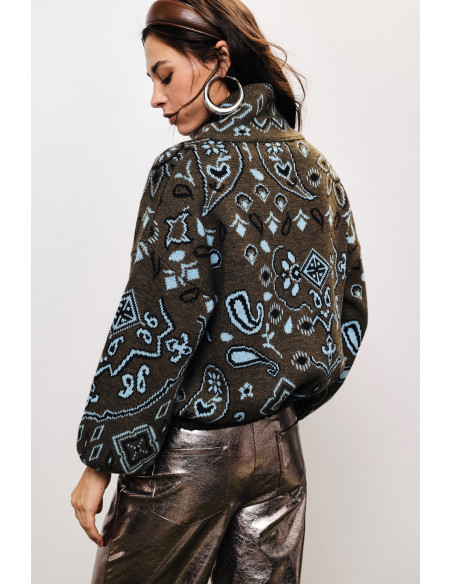 Cardigan com fecho de correr e padrão paisley em jacquard Dixie