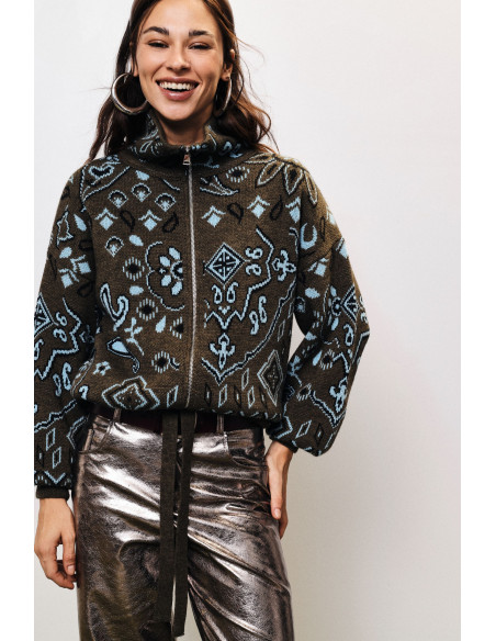 Cardigan com fecho de correr e padrão paisley em jacquard Dixie
