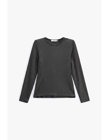 T-shirt minimalista de manga comprida e gola redonda Please