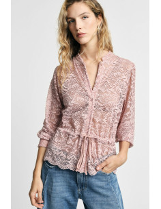 Camisa de renda com cordão ajustável e botões frontais Please