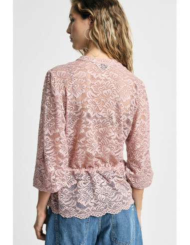 Camisa de renda com cordão ajustável e botões frontais Please