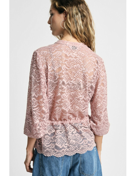Camisa de renda com cordão ajustável e botões frontais Please