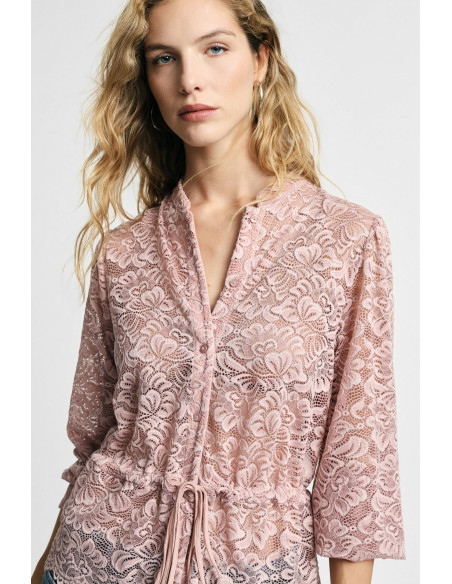 Camisa de renda com cordão ajustável e botões frontais Please