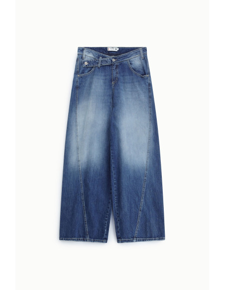 Jeans de perna larga, cintura média, efeito lavado Please