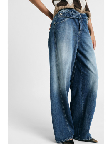 Jeans de perna larga, cintura média, efeito lavado Please