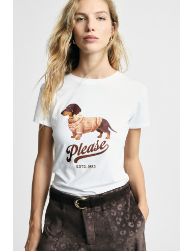 T-Shirt de Gola Redonda com Estampado de Cão Please Please