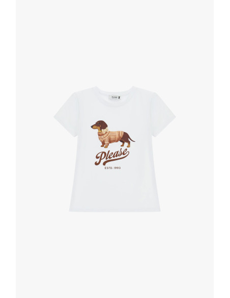 T-Shirt de Gola Redonda com Estampado de Cão Please Please