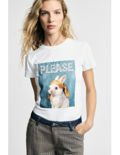 T-shirt de gola redonda com estampado de coelho decorado, por favor