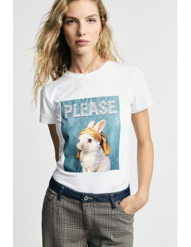 T-shirt de gola redonda com estampado de coelho decorado, por favor