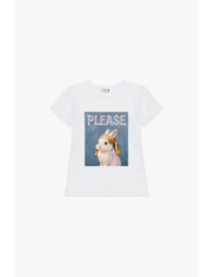 T-shirt de gola redonda com estampado de coelho decorado, por favor 2
