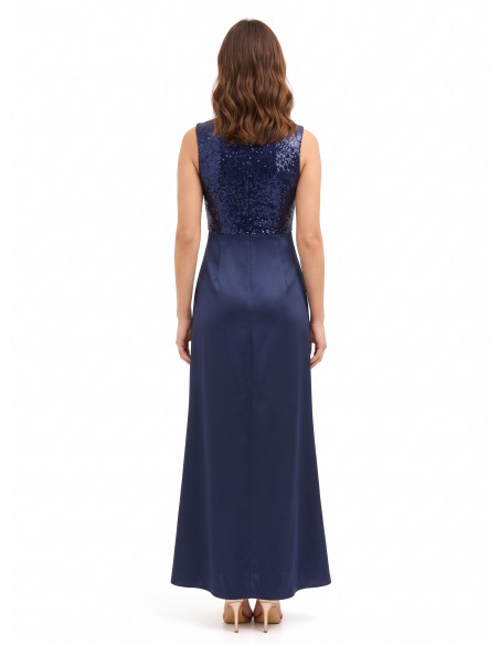 Vestido comprido com corpete de lantejoulas e saia de cetim com decote em V cruzado Rinascimento
