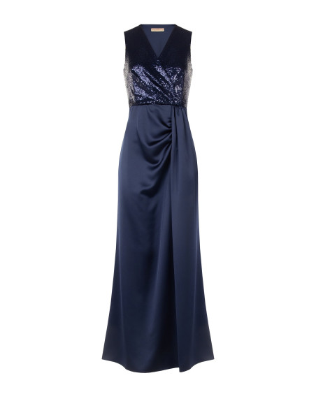 Vestido comprido com corpete de lantejoulas e saia de cetim com decote em V cruzado Rinascimento