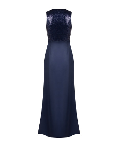 Vestido comprido com corpete de lantejoulas e saia de cetim com decote em V cruzado Rinascimento
