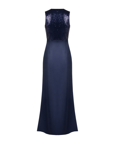 Vestido comprido com corpete de lantejoulas e saia de cetim com decote em V cruzado Rinascimento