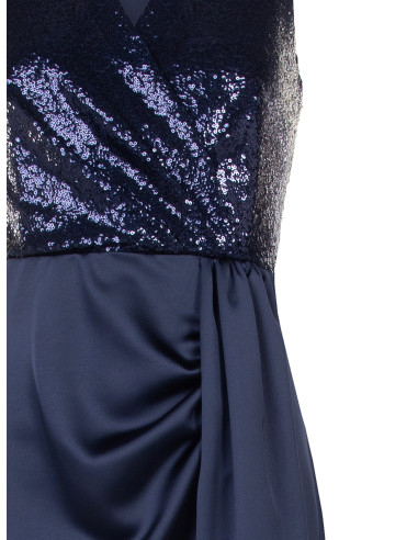 Vestido comprido com corpete de lantejoulas e saia de cetim com decote em V cruzado Rinascimento