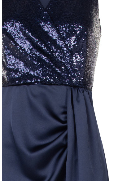 Vestido comprido com corpete de lantejoulas e saia de cetim com decote em V cruzado Rinascimento