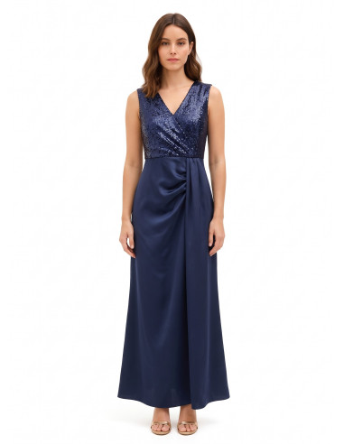 Vestido comprido com corpete de lantejoulas e saia de cetim com decote em V cruzado Rinascimento