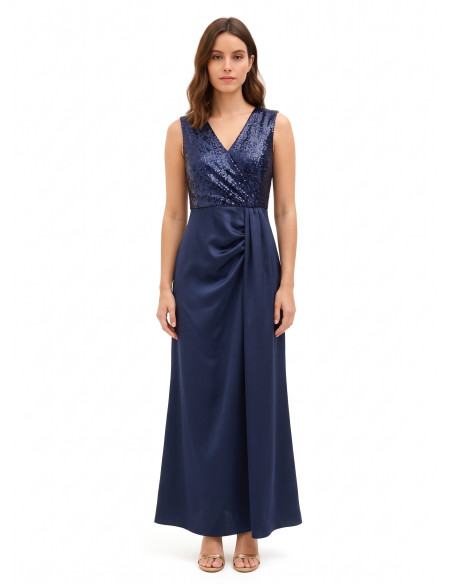 Vestido comprido com corpete de lantejoulas e saia de cetim com decote em V cruzado Rinascimento