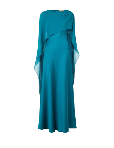 Vestido comprido fluido em cetim estruturado com capa em georgette Rinascimento